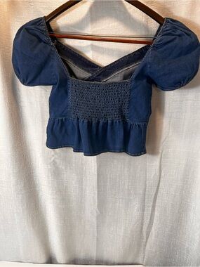 Smocked Denim-Effect Puff Sleeve Crop Top - Blue SIZE LARGE